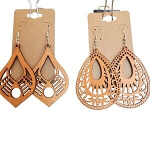 Wood Dangle Earrings Lightweight Teardrop Laser Cut Pierced Boho Jewelry 2 Pairs
